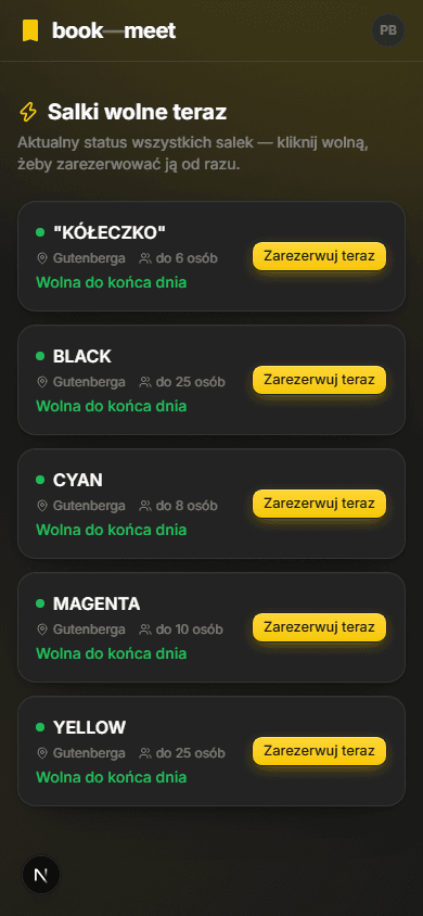 Aplikacja Mitelo na telefonie — lista dostępnych sal